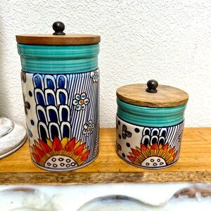 Pair Handcrafted artsy ceramic canister wooden lids